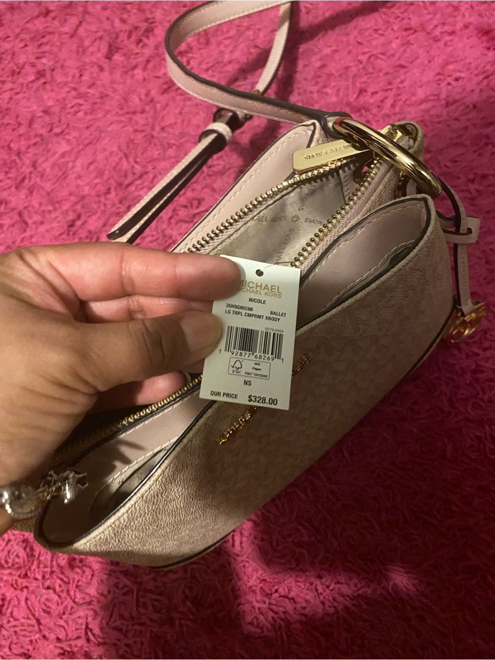 Michael Kors Ballet Pink Logo Crossbody with Gold Hardware.